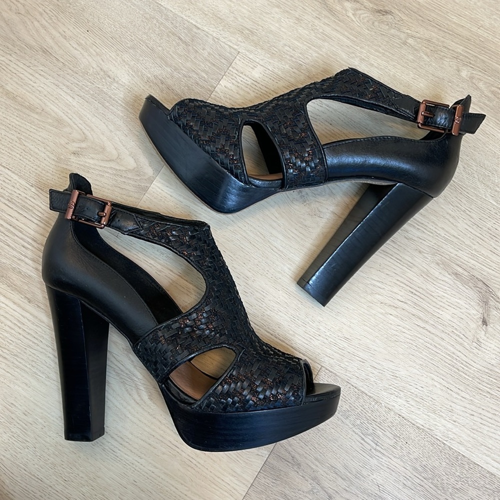 ELLIOTT LUCCA BERNADETTE BLACK WOVEN LEATHER PEEP TOE PLATFORM HEELS **NWOT** - Picture 11 of 16
